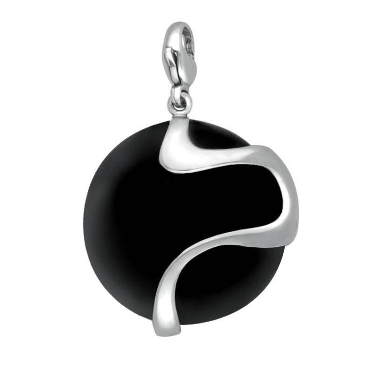 Sterling Silver Whitby Jet Wavy Disc Large Charm - Silver