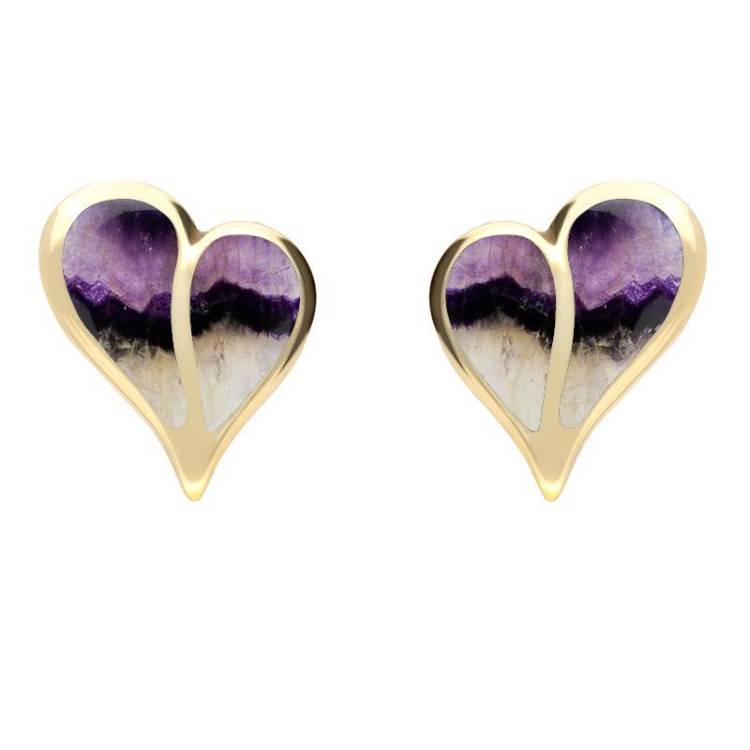 9ct Yellow Gold Blue John Split Heart Stud Earrings - Yellow Gold
