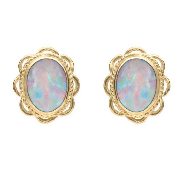 9ct Yellow Gold Opal Rope Frill Edge Oval Stud Earrings