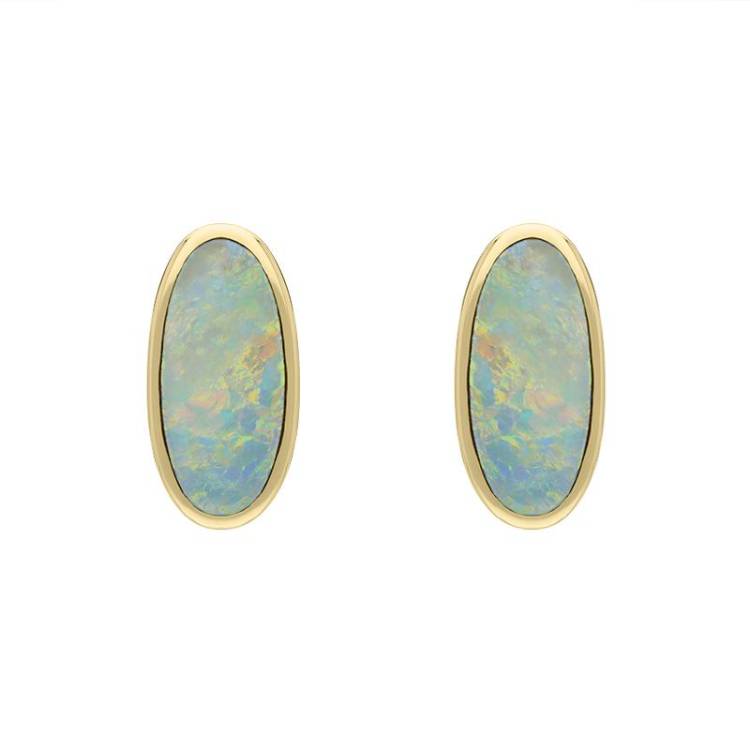 9ct Yellow Gold Opal Small Long Oval Stud Earrings