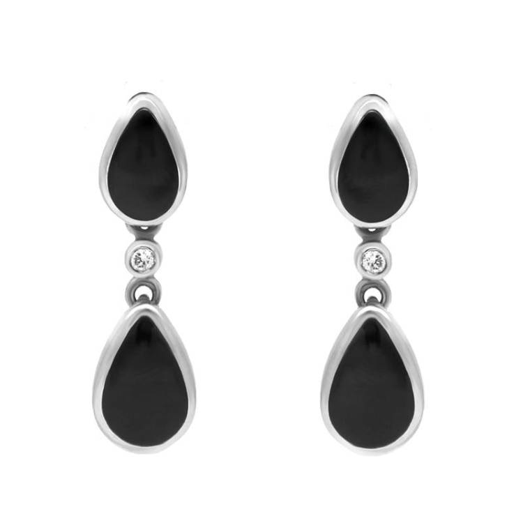 18ct White Gold Whitby Jet Diamond Double Pear Drop Earrings - White Gold