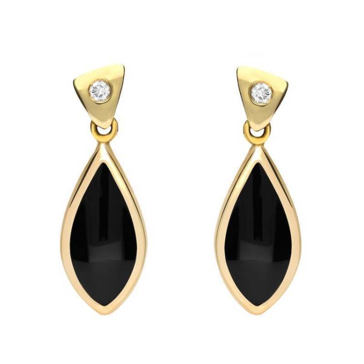 18ct Yellow Gold Whitby Jet Diamond Pointed Pear Drop Earrings