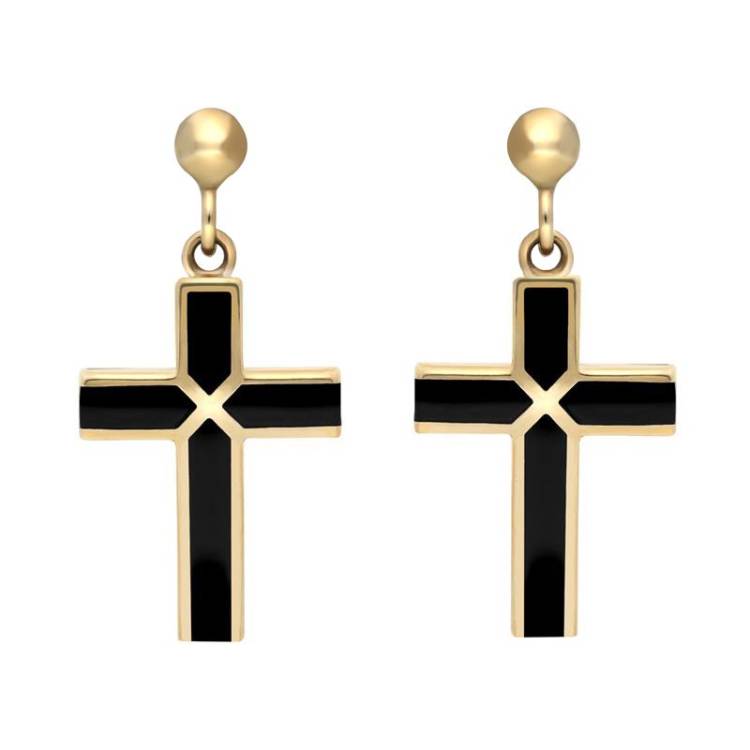 9ct Yellow Gold Whitby Jet Four Stone Cross Drop Earrings - Gold