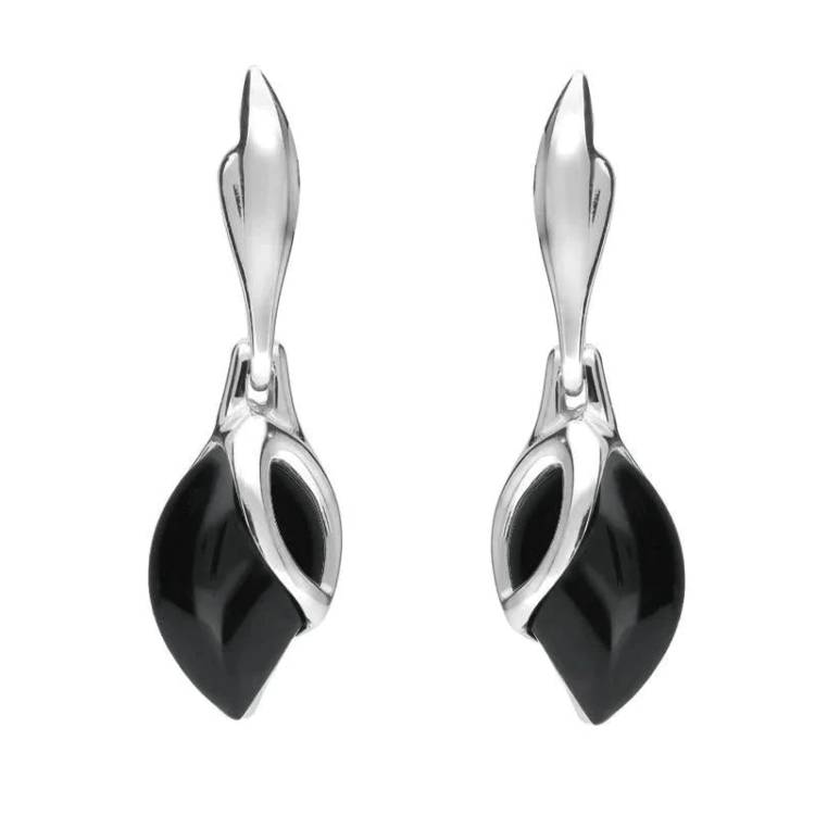 Sterling Silver Whitby Jet Leaf Shaped Open Top Drop Earrings - Silver
