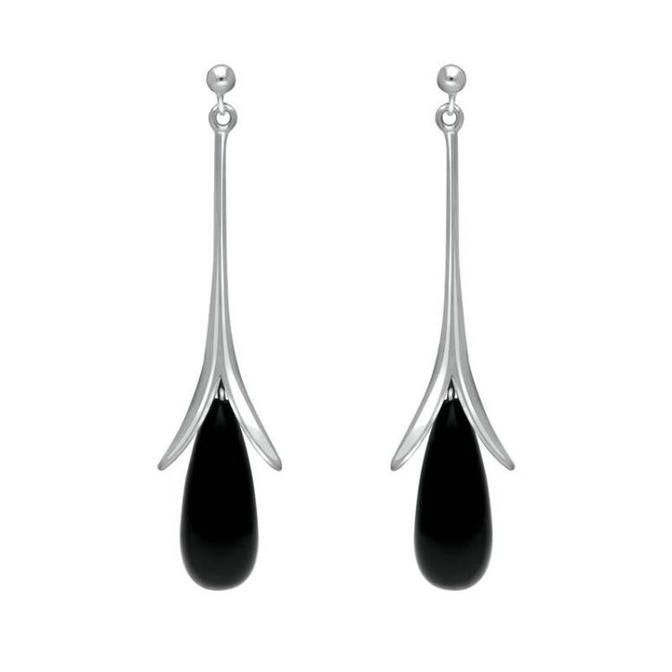 Sterling Silver Whitby Jet Split Flute Dropper Earrings - Silver