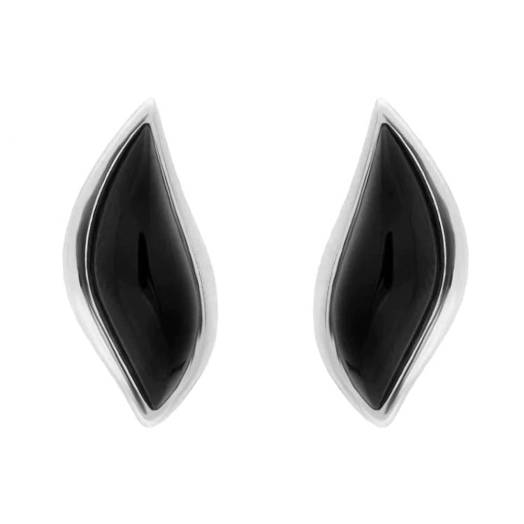 Sterling Silver Whitby Jet Leaf Shape Stud Earrings - Silver