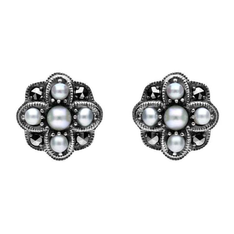 Sterling Silver Pearl and Marcasite Four Petal Flower Stud Earrings