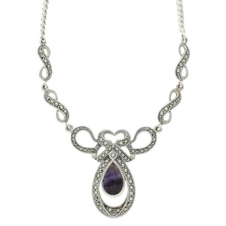 Sterling Silver Blue John Marcasite Drop Bow Twist Necklace - Silver