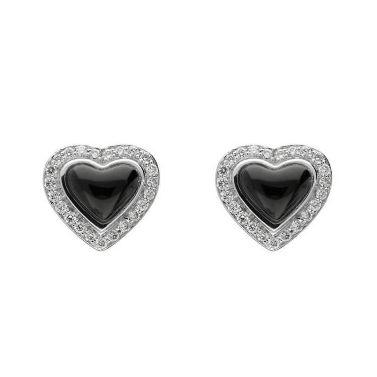 18ct White Gold Whitby Jet 0.14ct Diamond Edge Heart Stud Earrings