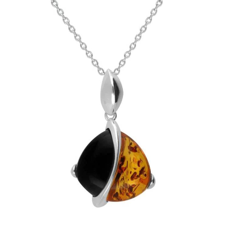 Sterling Silver Whitby Jet Amber Double Stone Pear Shaped Necklace