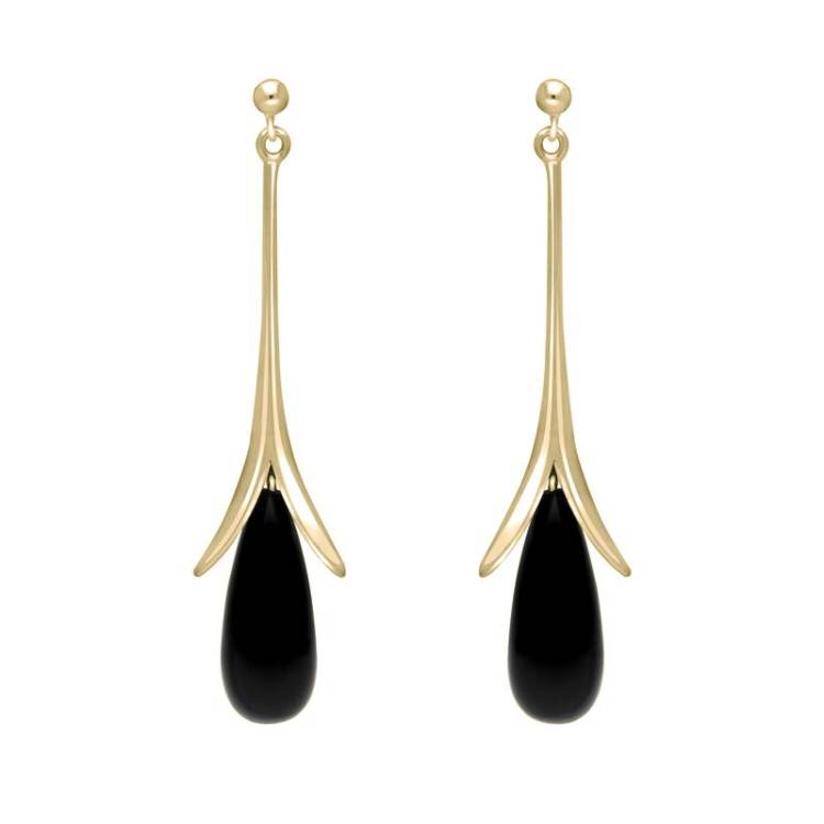 9ct yellow Gold Whitby Jet Split Flute Dropper Earrings - Gold