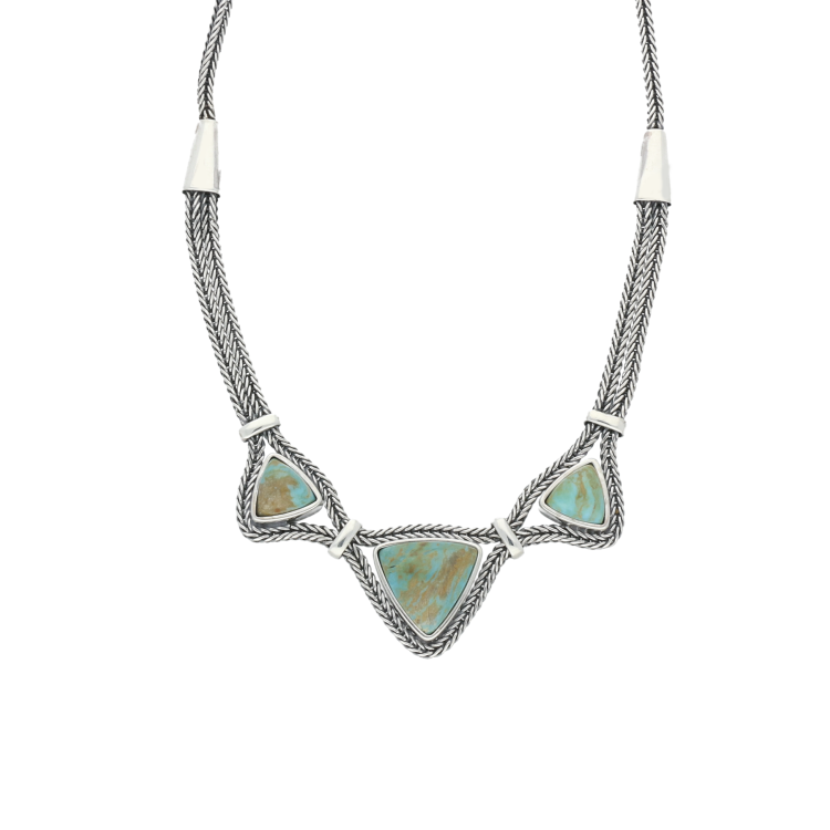 Sterling Silver Turquoise Three Stone Triangular Foxtail Necklace D - Option1 Value Silver