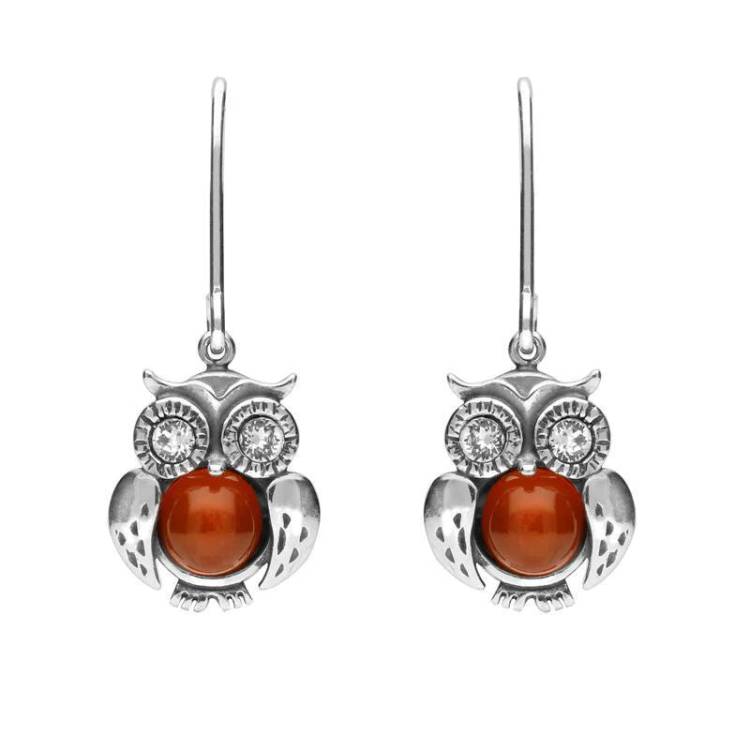 Sterling Silver Amber Owl Drop Earrings