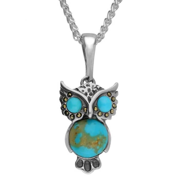 Sterling Silver Turquoise Three Stone Owl Necklace - Option1 Value Silver