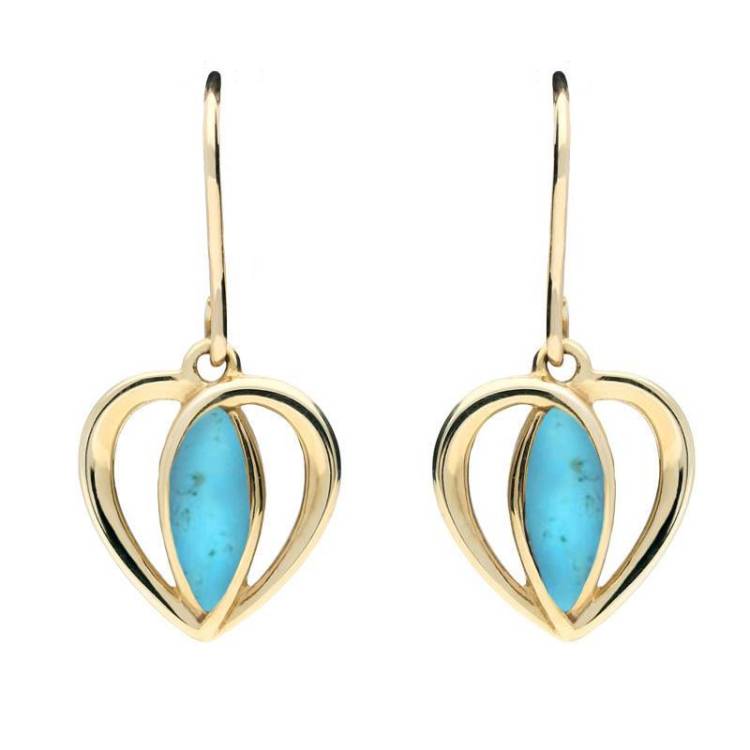 9ct Yellow Gold Turquoise Heart Drop Earrings - Yellow Gold