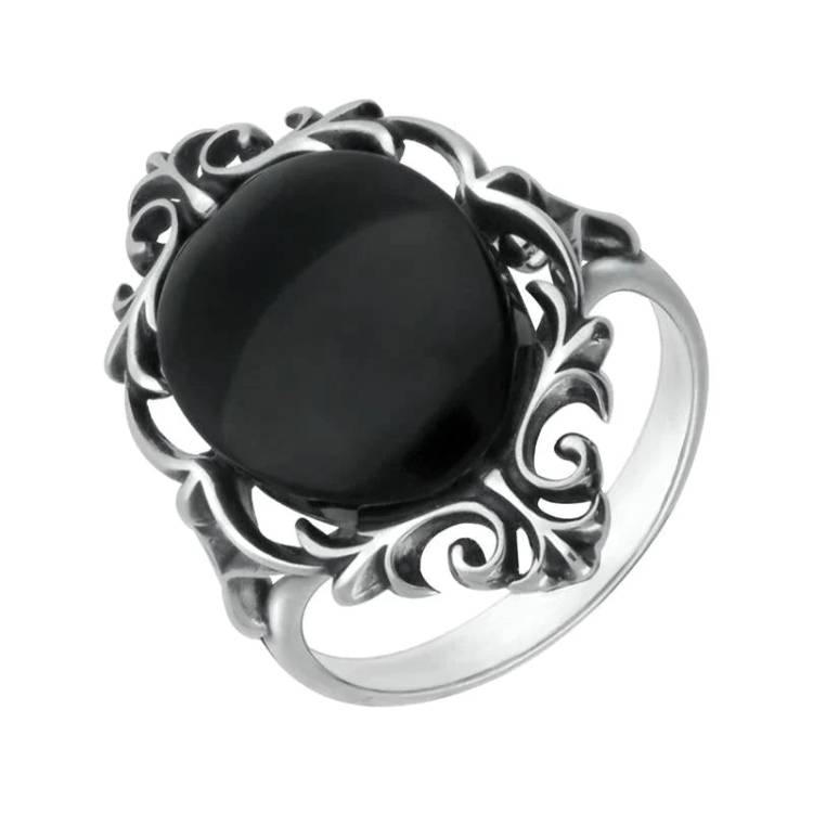 Sterling Silver Whitby Jet Oval Open Carved Ring