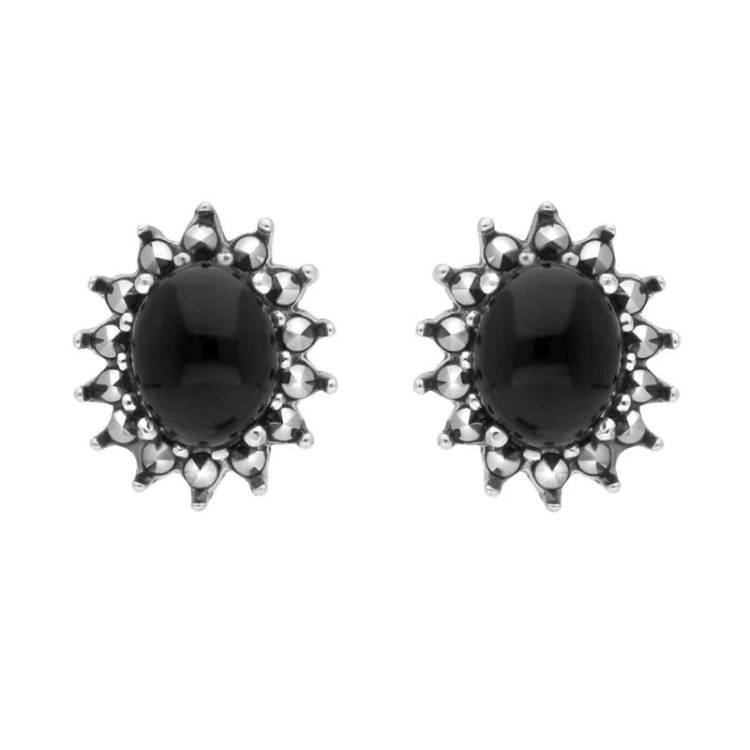 Sterling Silver Whitby Jet Marcasite Oval Beaded Edge Stud Earrings