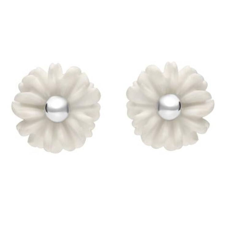 Sterling Silver White Agate Tuberose 6mm Daisy Stud Earrings - Silver