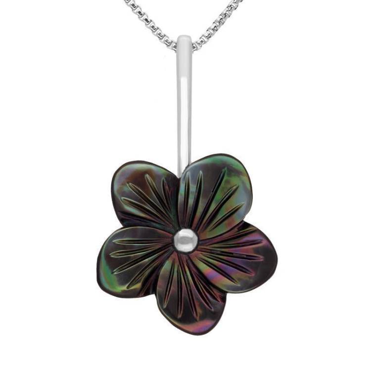 Sterling Silver Dark Mother of Pearl Tuberose 20mm Pansy Necklace - Silver