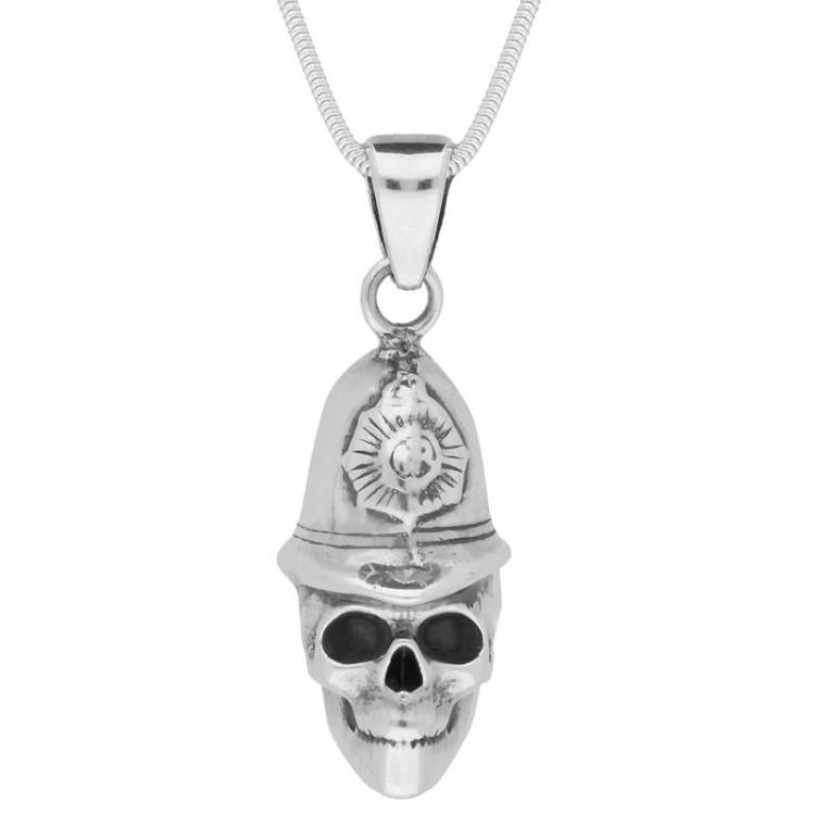 Sterling Silver Medium Skull With Policeman's Helmet Necklace - Option1 Value Silver