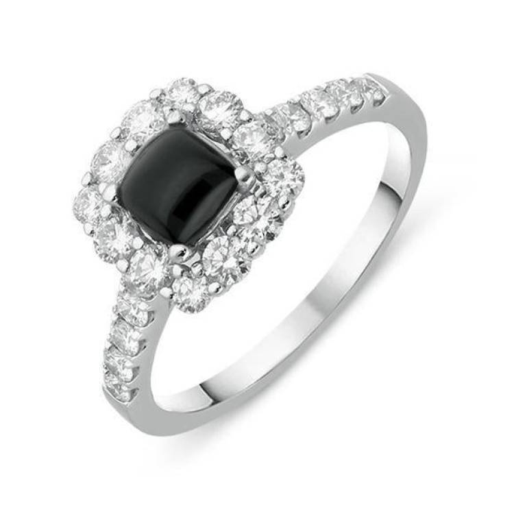 18ct White Gold Whitby Jet 0.77ct Diamond Cushion Shaped Ring
