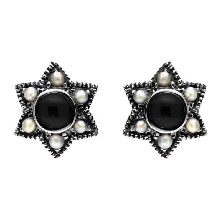 Sterling Silver Whitby Jet and Pearl Six Point Star Stud Earrings D - Silver