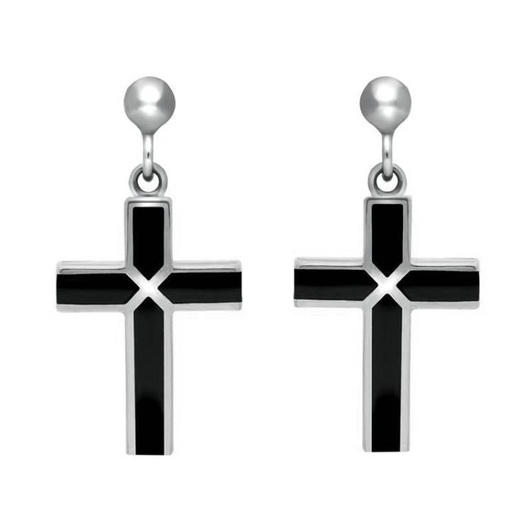 Sterling Silver Whitby Jet Four Stone Cross Drop Earrings - Silver