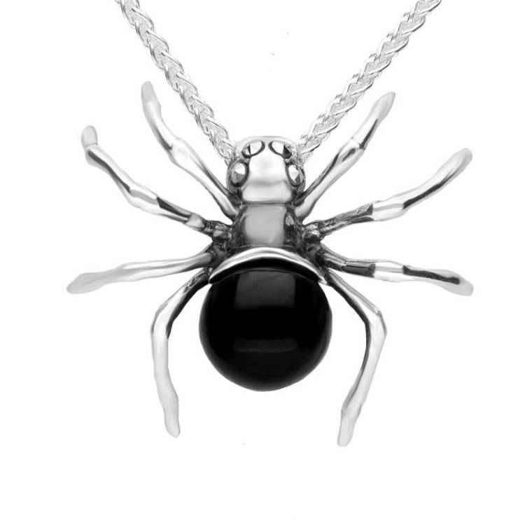 Sterling Silver Whitby Jet and Marcasite Spider Necklace - Silver