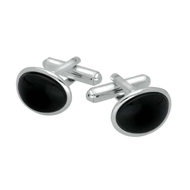 Sterling Silver Whitby Jet Curved Oval Cufflinks