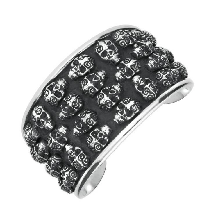 Sterling Silver Day Of The Dead Small Skulls Wide Cuff Bangle