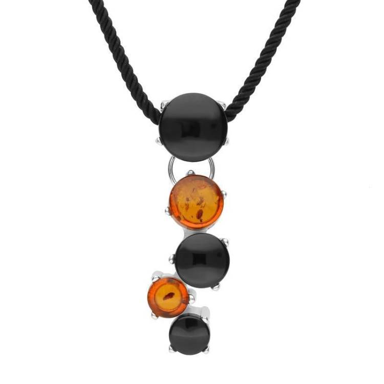 Sterling Silver Whitby Jet and Amber Five Stone Graduated Cascade Necklace