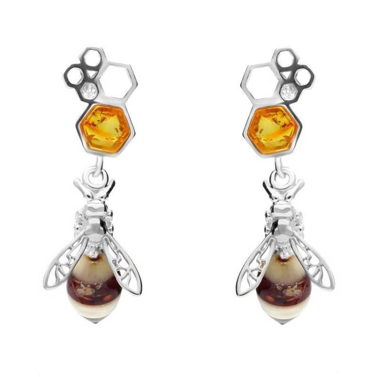Sterling Silver Amber Bee Honeycomb Drop Earrings