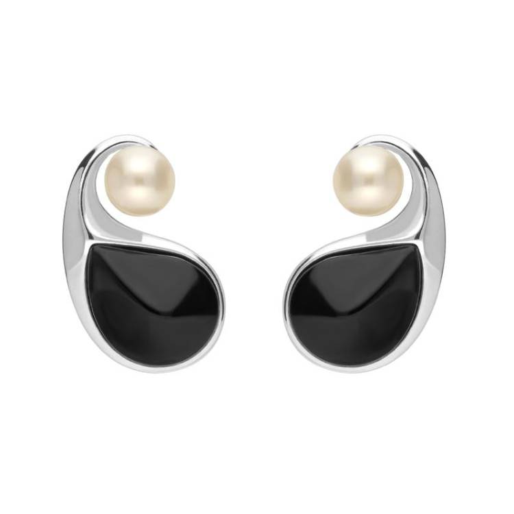 Sterling Silver Whitby Jet Pearl Open Twist Earrings