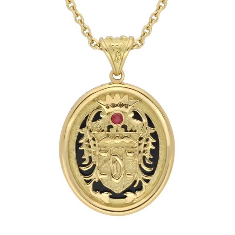 18ct Yellow Gold Whitby Jet Blood Red Ruby Commemorative Dracula Necklace