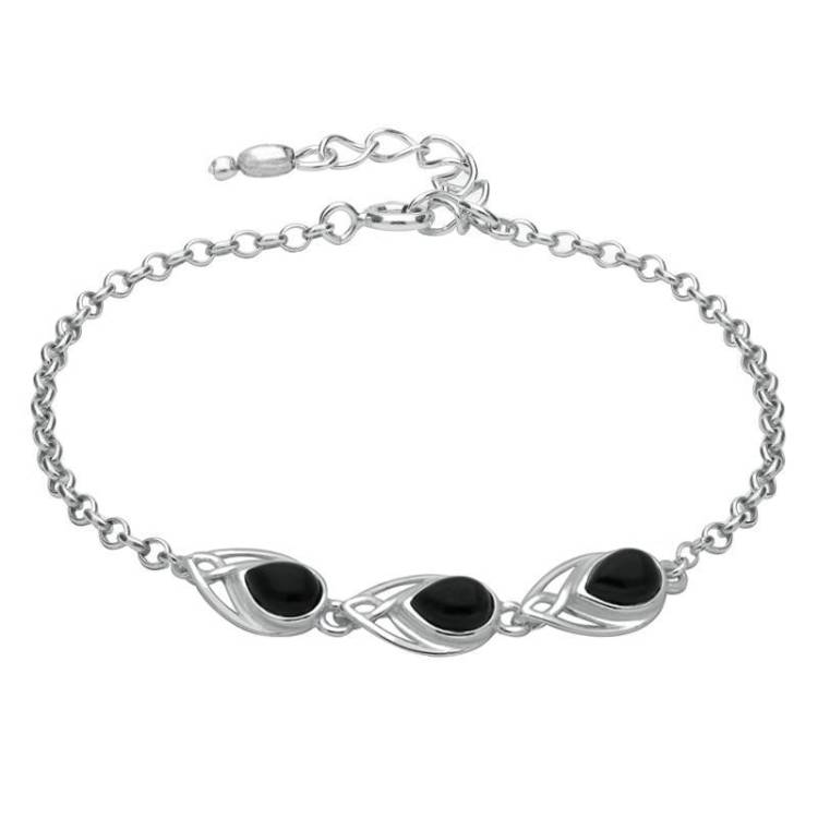 Sterling Silver Whitby Jet Three Stone Pear Bracelet - Silver