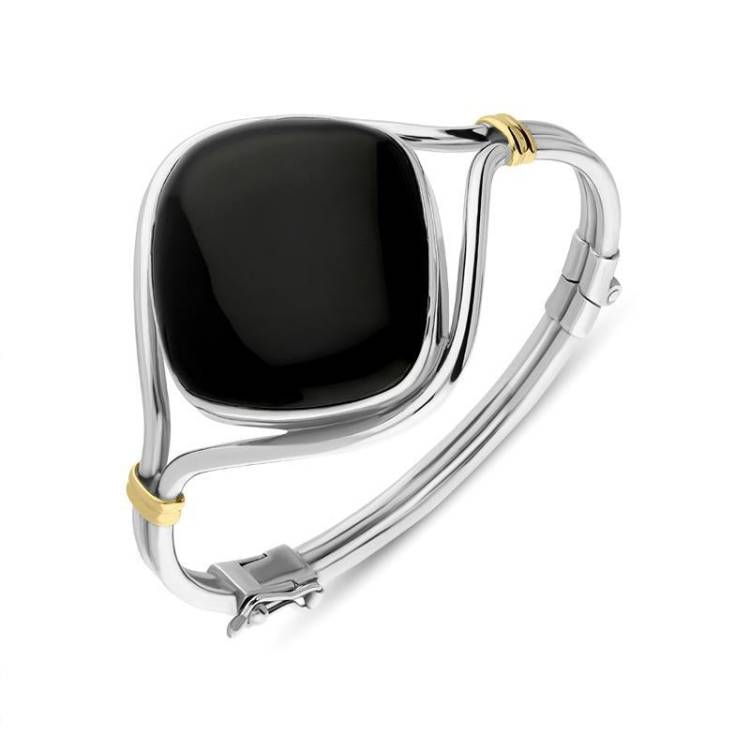 Sterling Silver 18ct Yellow Gold Whitby Jet Square Hinged Bangle