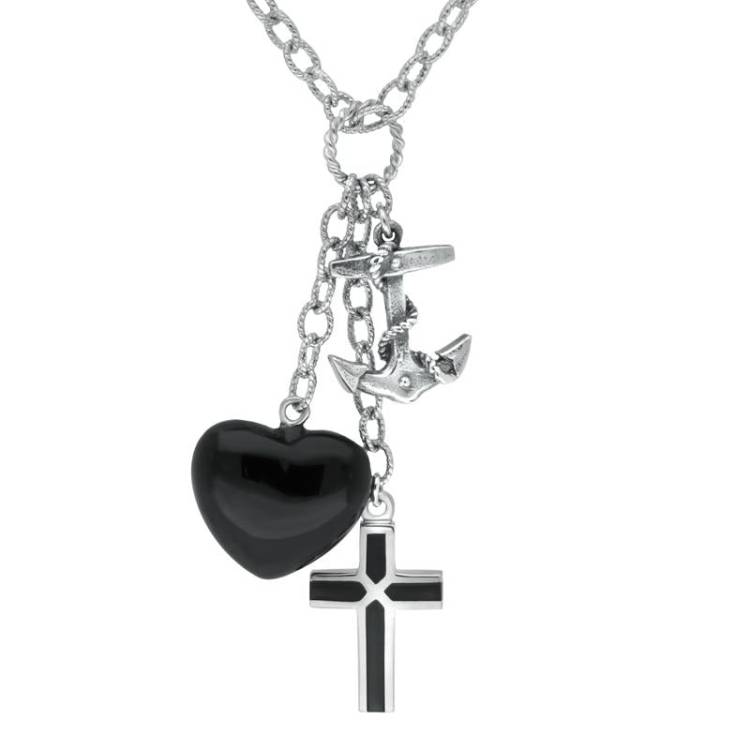 Sterling Silver Whitby Jet Faith Hope Love Charm Necklace