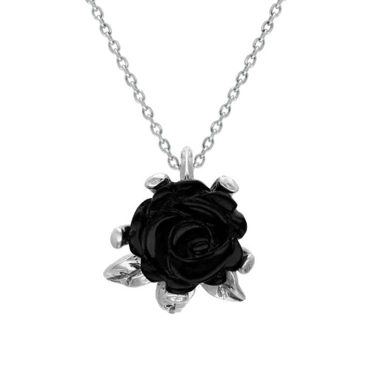 Sterling Silver Whitby Jet Tuberose Rose Leaf Twist Necklace
