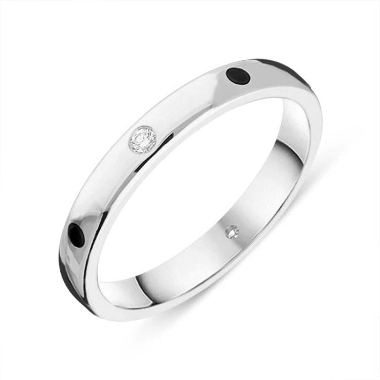 18ct White Gold Whitby Jet 0.02ct Diamond 3mm Patterned Wedding Band - Gold