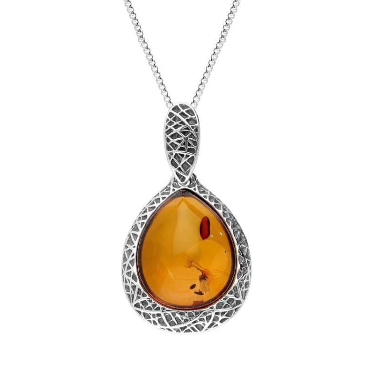 Sterling Silver Cognac Amber Basket Weave Edge Pear Necklace - Silver