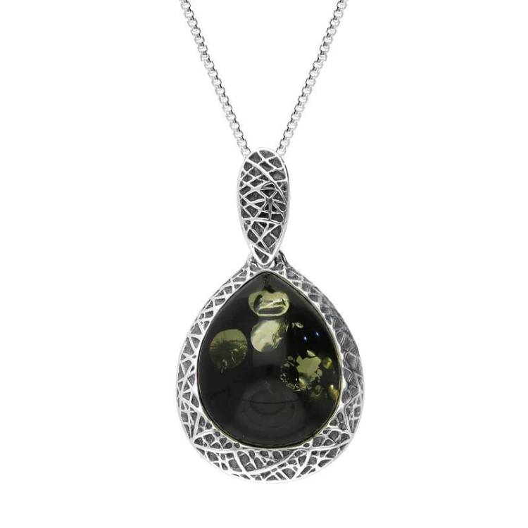 Sterling Silver Green Amber Basket Weave Edge Pear Necklace - Silver