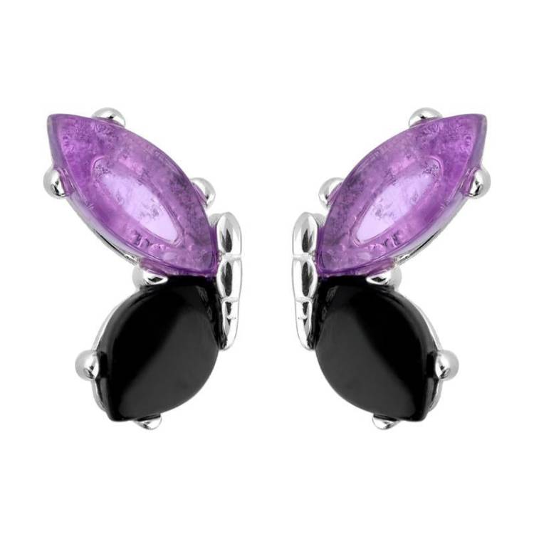 Sterling Silver Whitby Jet Amethyst Two Stone Butterfly Stud Earrings