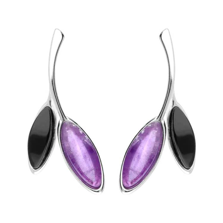 Sterling Silver Whitby Jet Amethyst Two Leaf Drop Stud Earrings - Silver