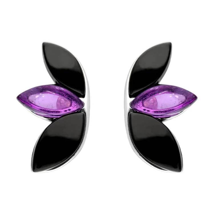 Sterling Silver Whitby Jet Amethyst Three Leaf Stud Earrings