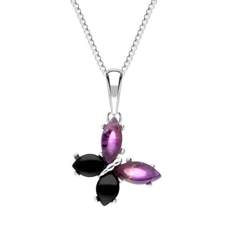 Sterling Silver Whitby Jet Amethyst Small Butterfly Necklace - Silver