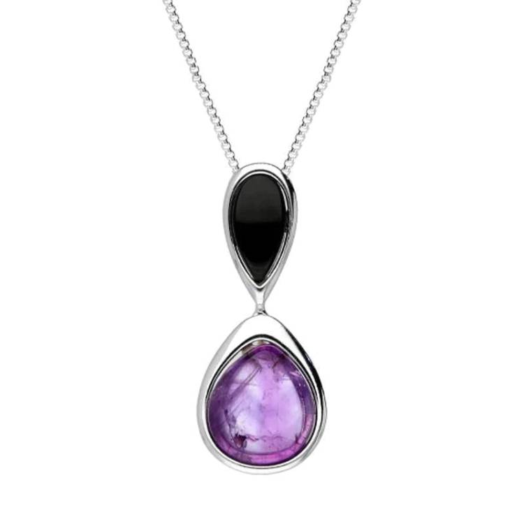 Sterling Silver Whitby Jet Amethyst Double Pear Drop Necklace - Silver