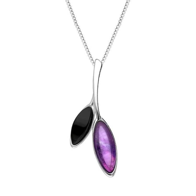 Sterling Silver Whitby Jet Amethyst Two Leaf Drop Necklace - Silver