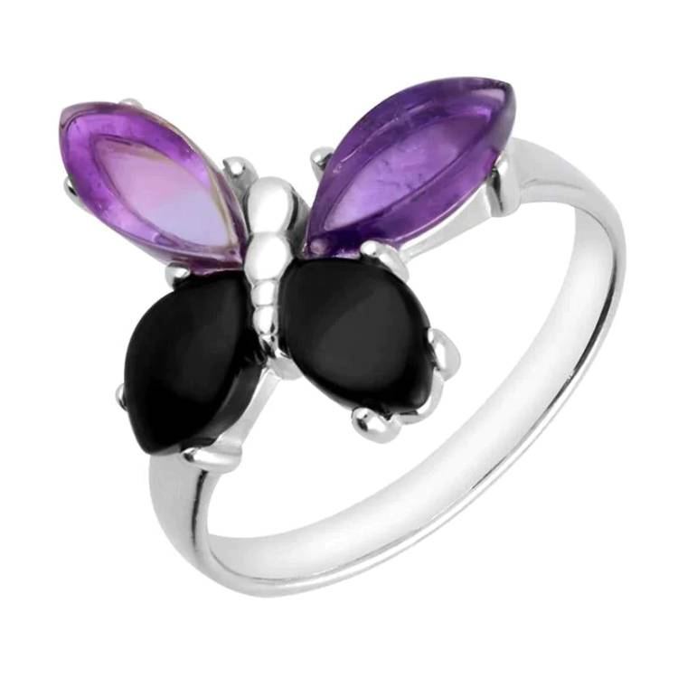 Sterling Silver Whitby Jet Amethyst Small Butterfly Ring - Silver