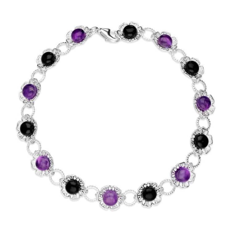 Sterling Silver Whitby Jet Amethyst Flower Bracelet