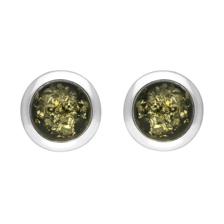 Sterling Silver Green Amber Ribbed Edge Stud Earrings